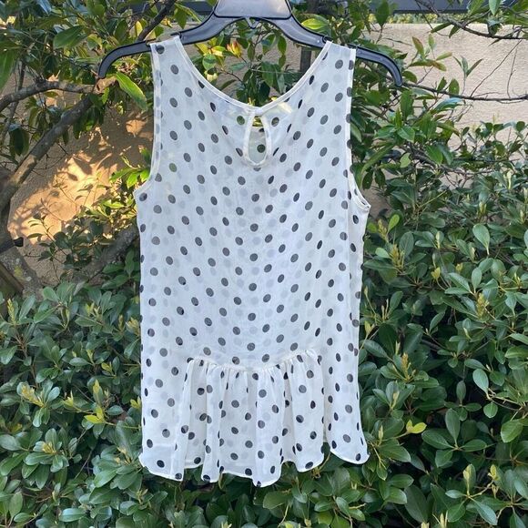 Soprano Women's Black White Sheer Sleeveless Polka Dot Peplum Tank Top Small - Picture 2 of 4